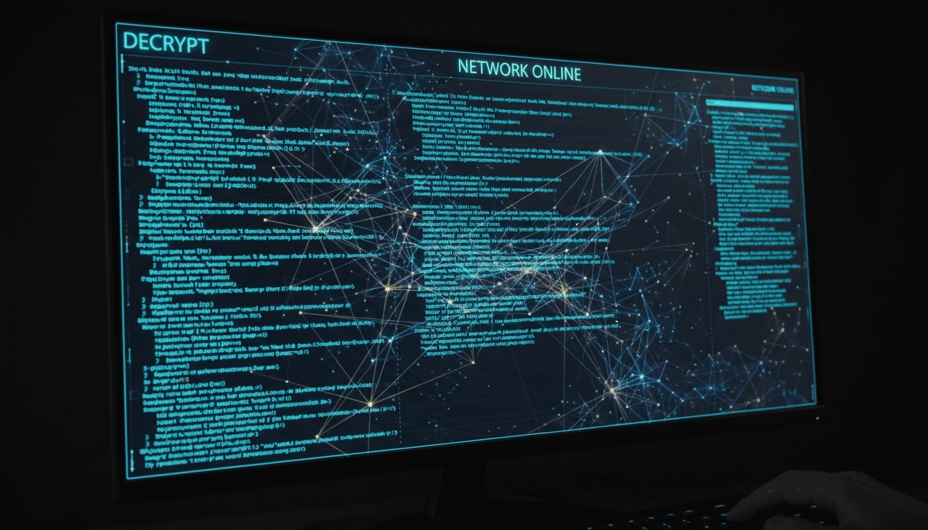 computer code on dark screen with glowing network lines