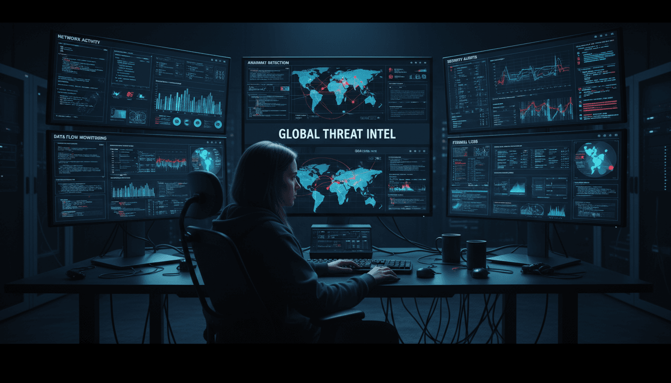 Cybersecurity analyst reviewing threat dashboards on multiple monitors